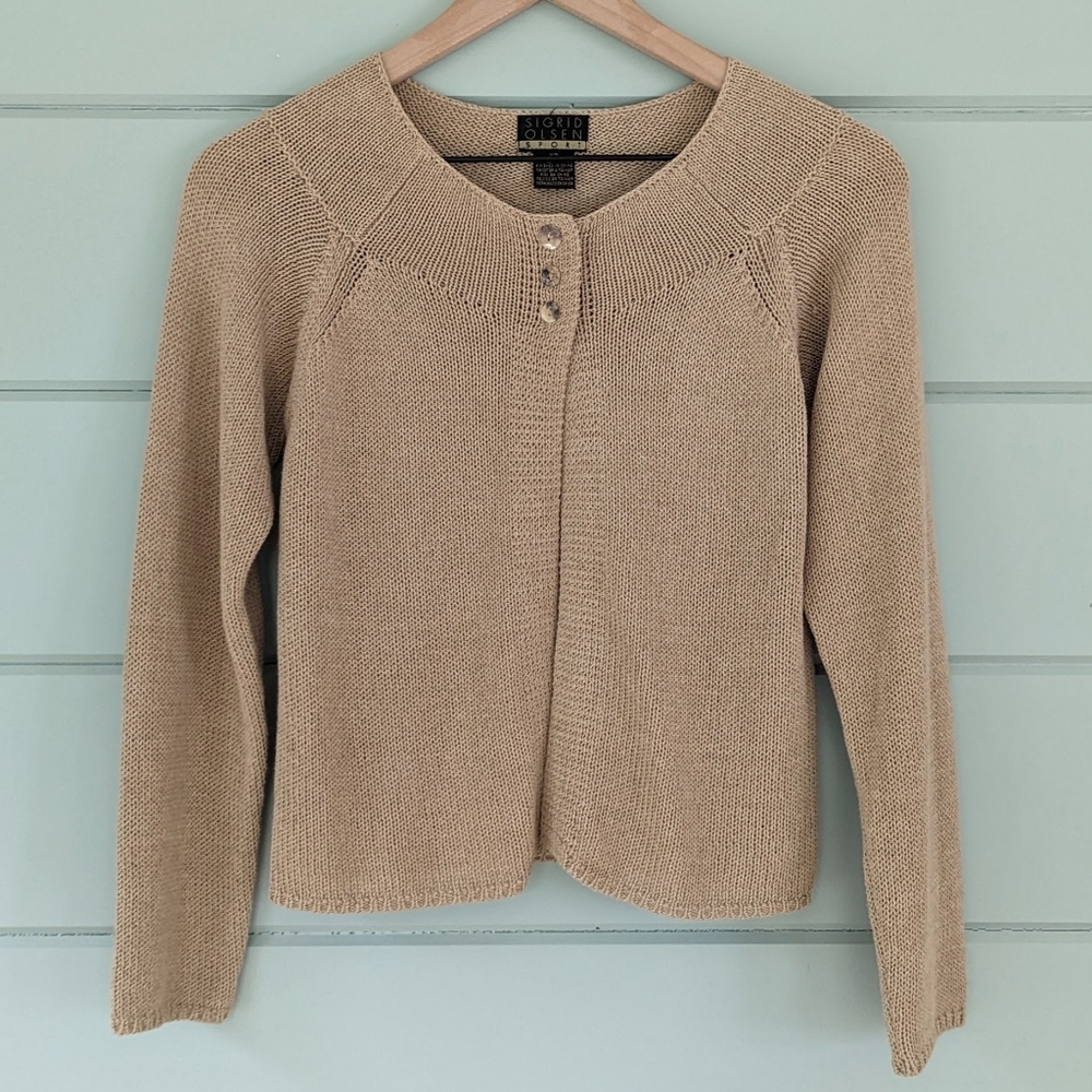 Vintage Linen Top Button Cardigan Retro Bolero Taupe Brown, Size XS
